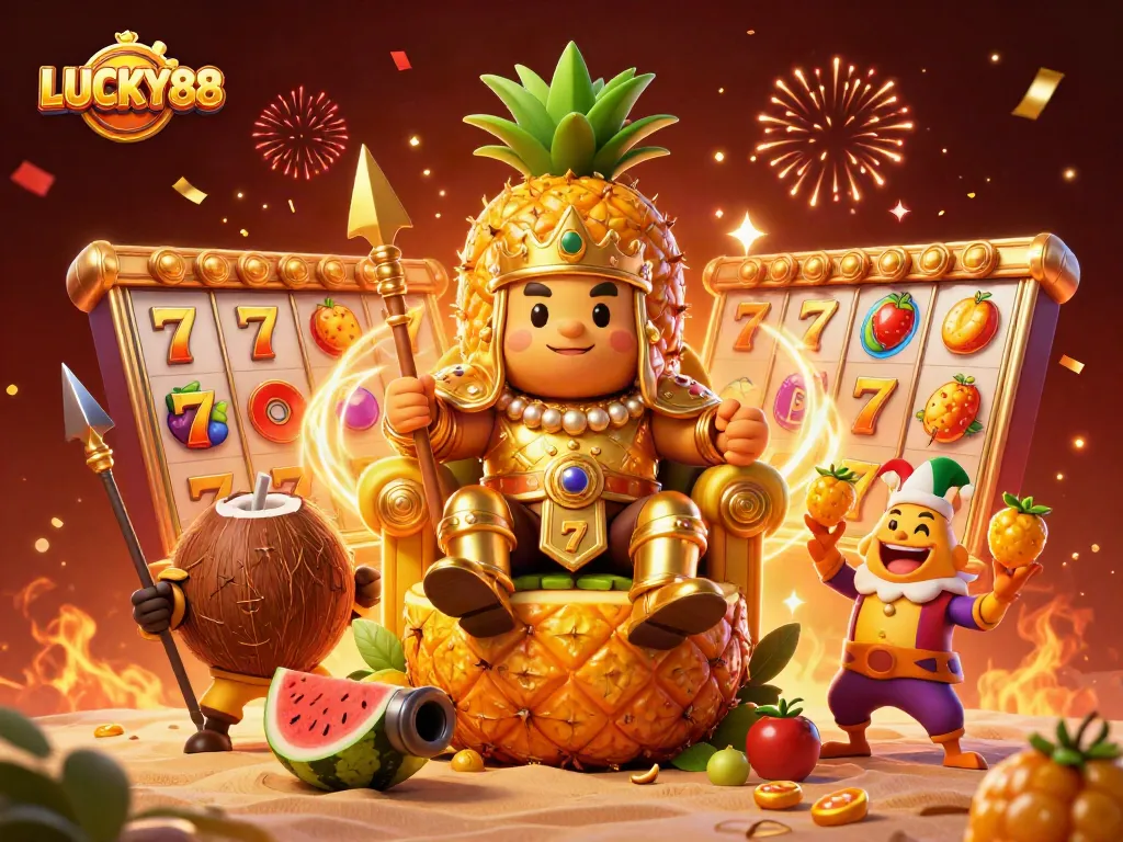 LUCKY88's vibrant 3D scene showcases a golden pineapple king surrounded by slots and festive elements.