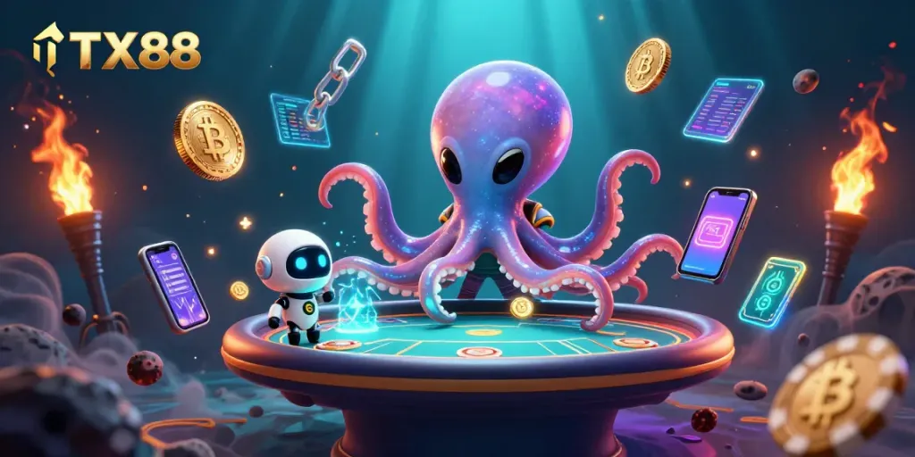 Engage in thrilling games at TX88 with a vibrant 3D scene showcasing an alien octopus and crypto elements.