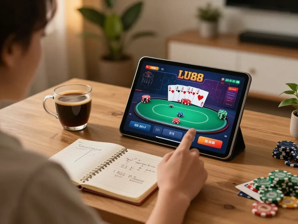LU88 player engaging in online poker game at home with strategic betting notes