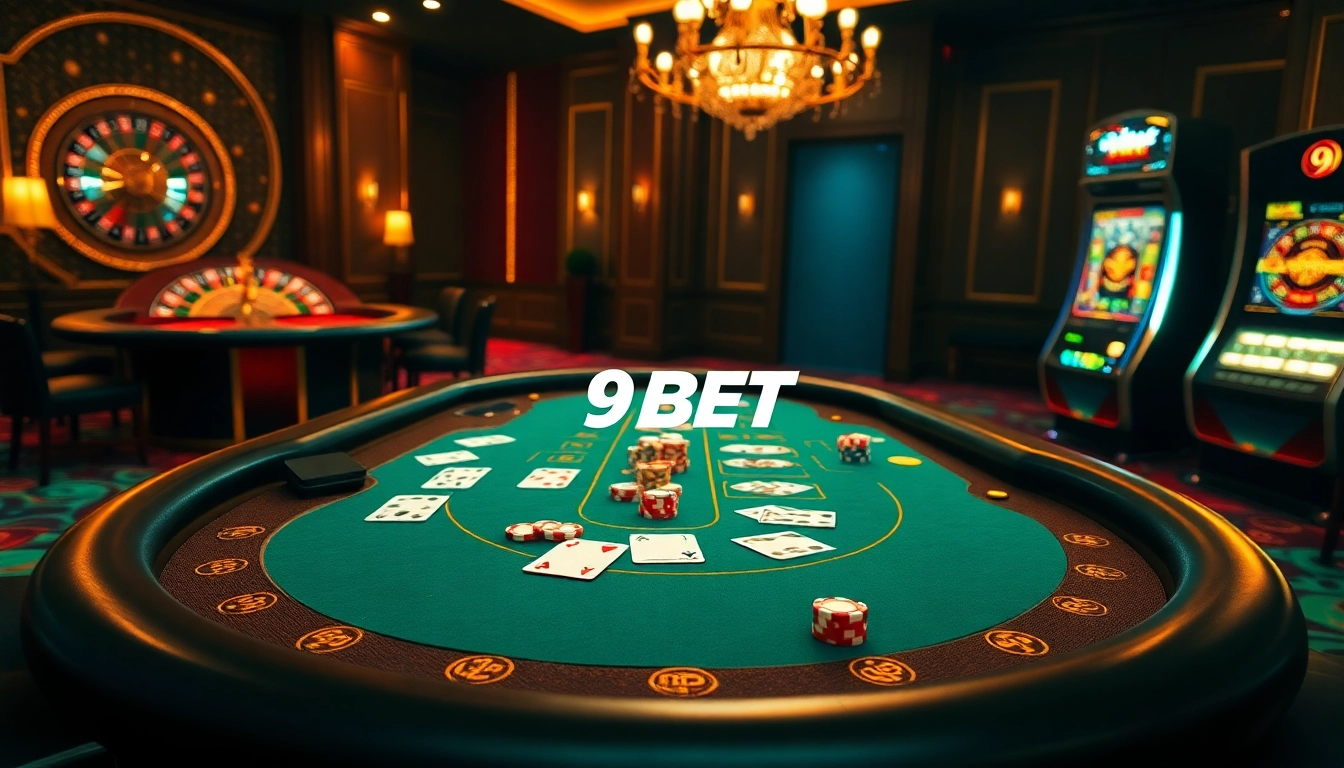 Experience the excitement of 9BET with a vibrant blackjack table and roulette wheel in a luxurious casino setting.