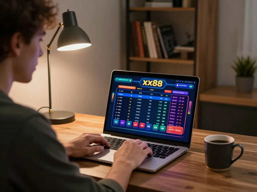 Engaging gameplay of game xx88 at home, showcasing a player strategizing on a laptop in a cozy workspace.