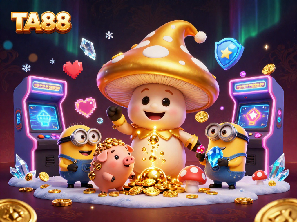 TA88 features a golden mushroom wizard and pig amidst colorful casino gaming elements.