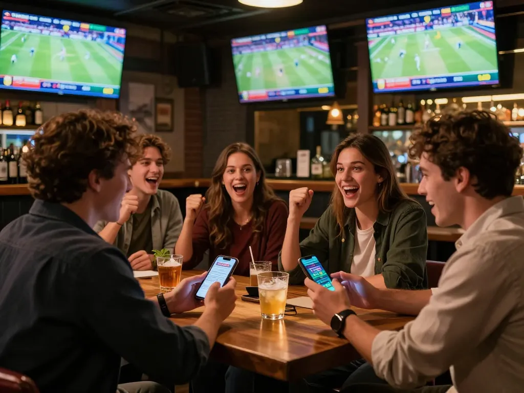 Friends enjoying sports betting while using a smartphone at 23Win venue with excitement.