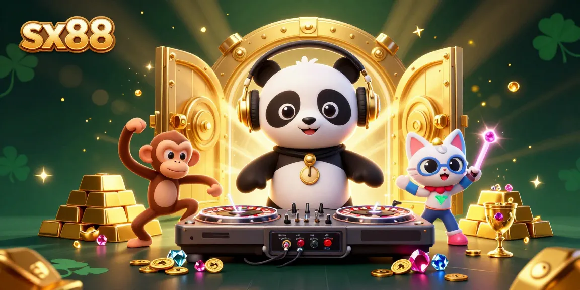 Engage with sx88’s colorful casino world featuring animated DJ panda, dancing monkey, and rave kitten.