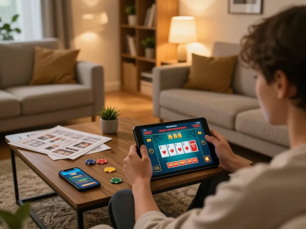 Pemain menikmati permainan kasino online di tablet dalam suasana rumah yang nyaman, menekankan berbagai pilihan yang ditawarkan ap686.