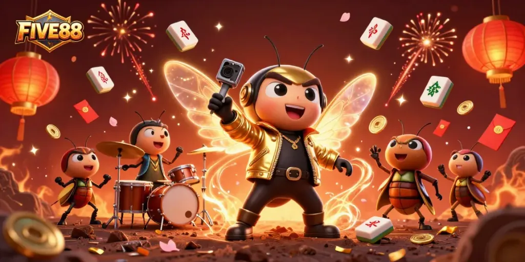 FIVE88 offers an exciting casino experience with animated characters amidst floating game elements.
