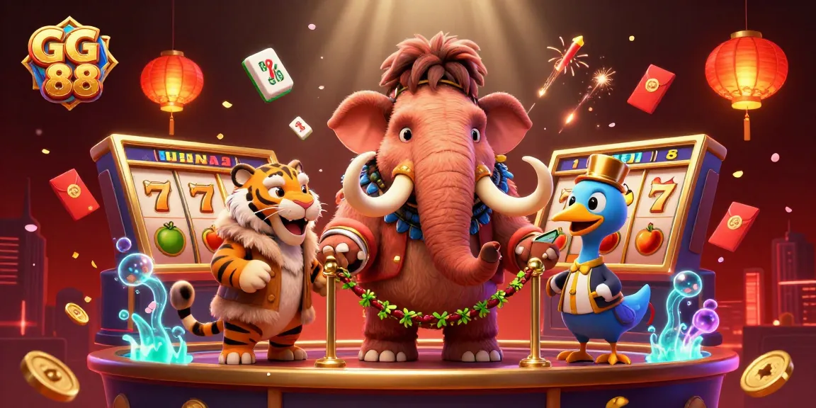 Celebrate wins with GG 88's vibrant casino scene featuring a woolly mammoth bouncer and rich game elements.