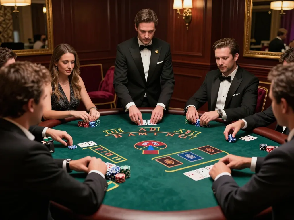 TA88 players strategizing at a luxurious blackjack table in a vibrant casino atmosphere