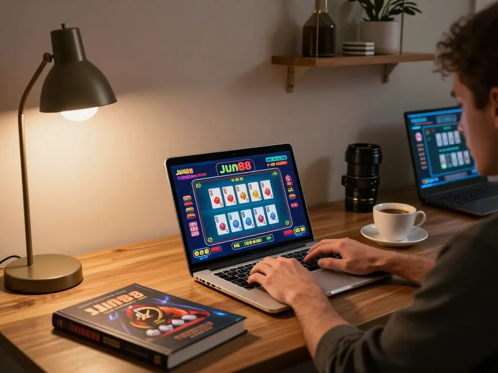 Player engaging with Jun88 online casino on laptop while enjoying a cozy home setup