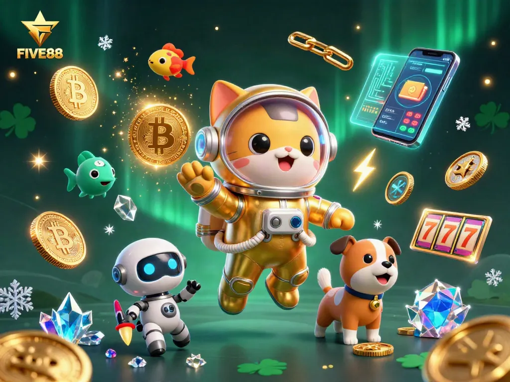 Engage in thrilling gaming at FIVE88 with a vibrant 3D illustration of futuristic casino elements.