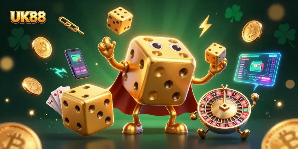 Engaging UK88 casino scene with 3D cartoon characters and vibrant game elements showcasing excitement in gambling.
