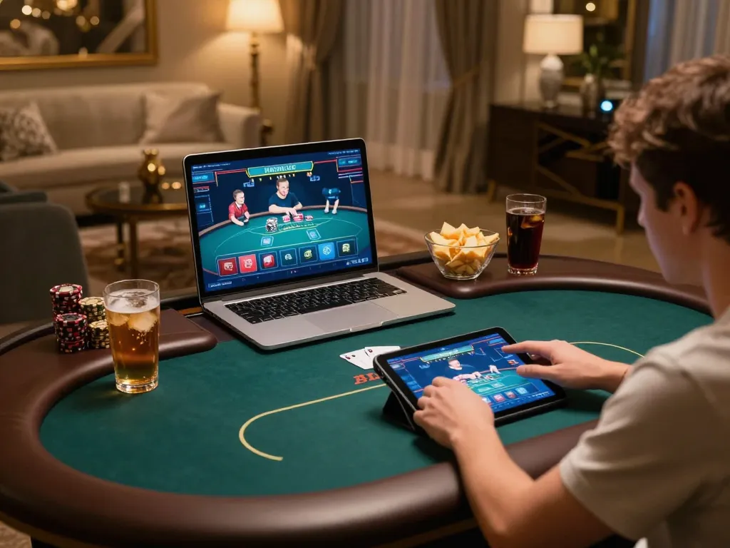 Player enjoying online gambling at dn88 trang chủ with live poker game on tablet in cozy setting