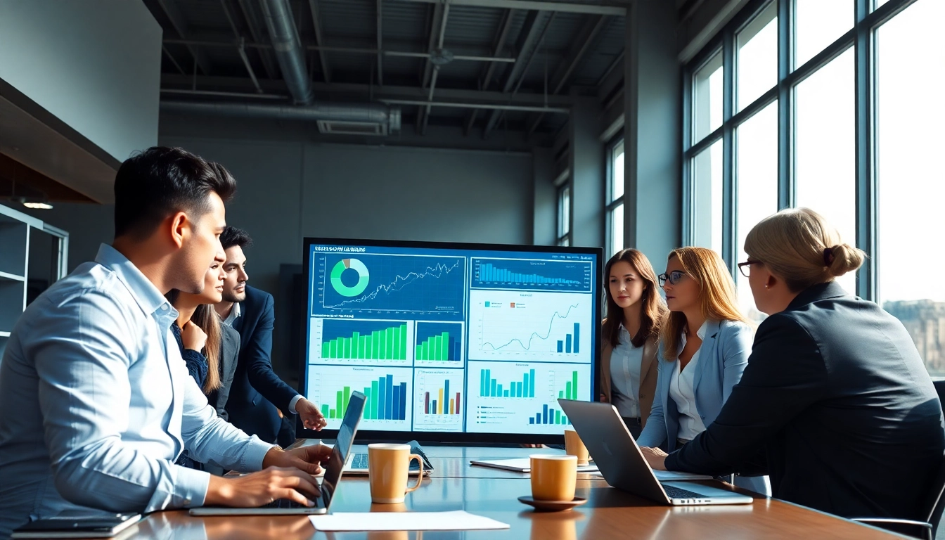 Business team collaborating over MRP software data analysis and charts in a modern office.
