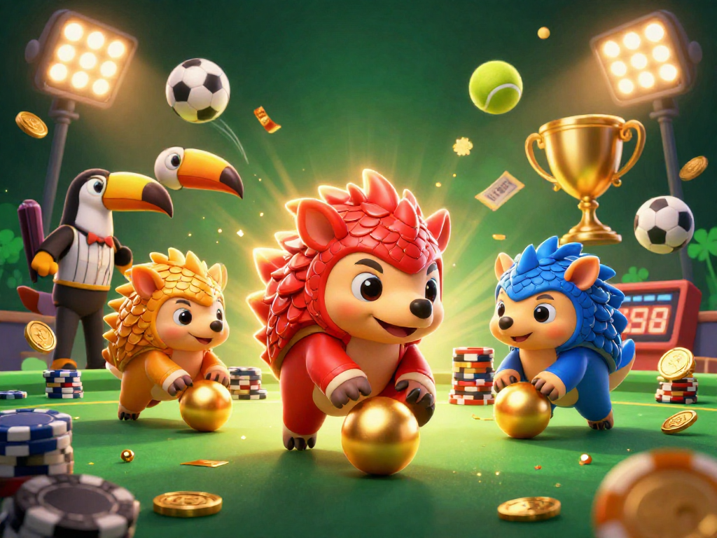 Engage with FIVE88's thrilling casino action featuring colorful pangolins and dynamic sports elements.