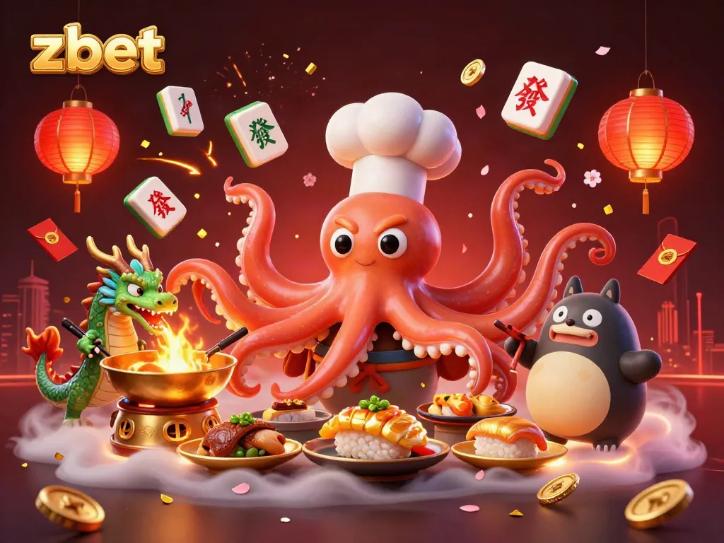 Engage with zbet in this vibrant scene featuring a cartoon sushi chef octopus, a dragon, and a tanuki amidst casino elements.