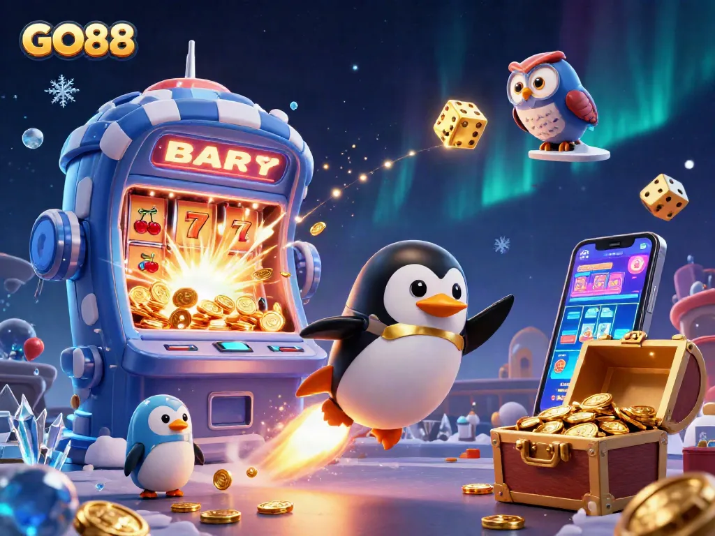 Experience the thrill of GO88 with a golden rocket penguin blasting through a dynamic casino world filled with vibrant game elements.
