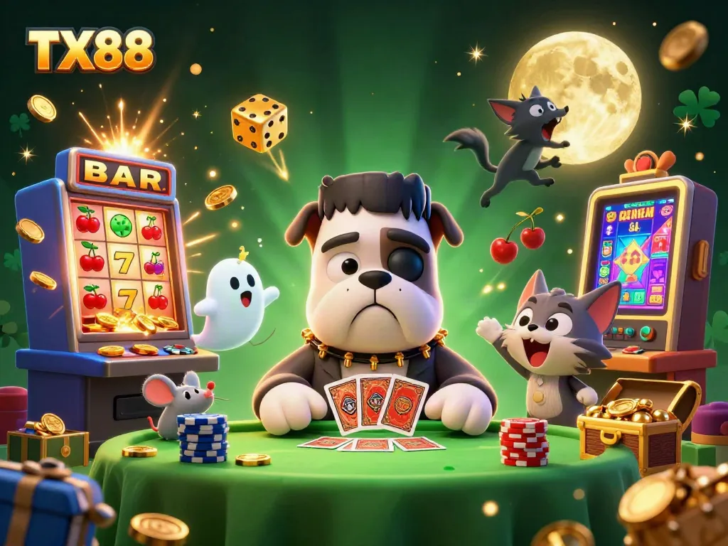 Engaging scene of TX88 with a bulldog monster and werewolf kitten surrounded by vibrant casino elements, showcasing thrilling gameplay.