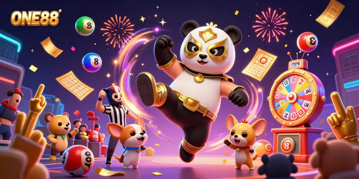 Experience the excitement of ONE88 with vibrant lottery elements and animated animal spectators.