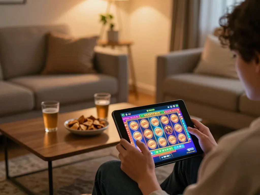 Engage with gg88 slot in a cozy home setting on a tablet, creating a fun online gaming atmosphere.