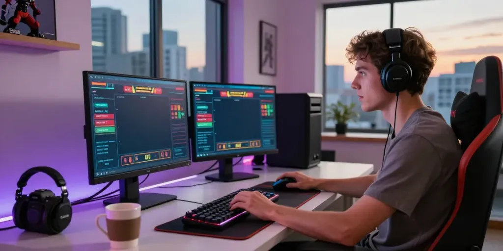 Engaged player at Man88 enjoying live sports betting in a modern gaming setup.