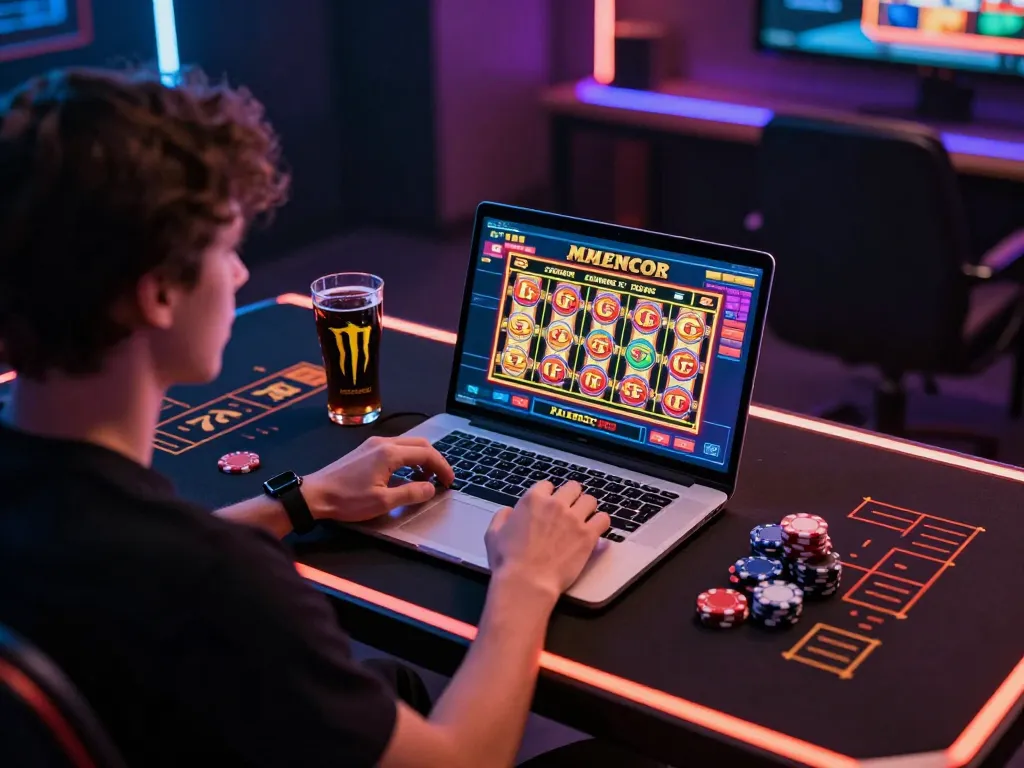 Engaging with slot gacor online gaming on a laptop during a cozy home session.