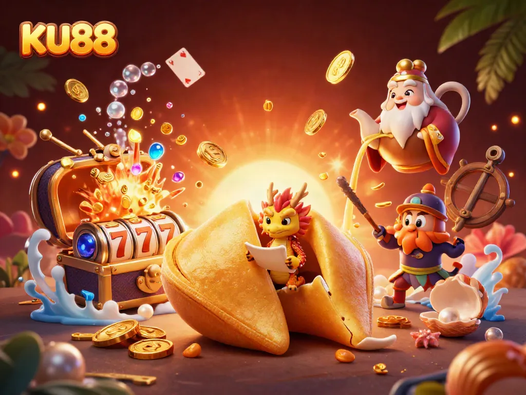 Spin slots with KU88's dynamic casino scene featuring golden treasures and vibrant game elements.