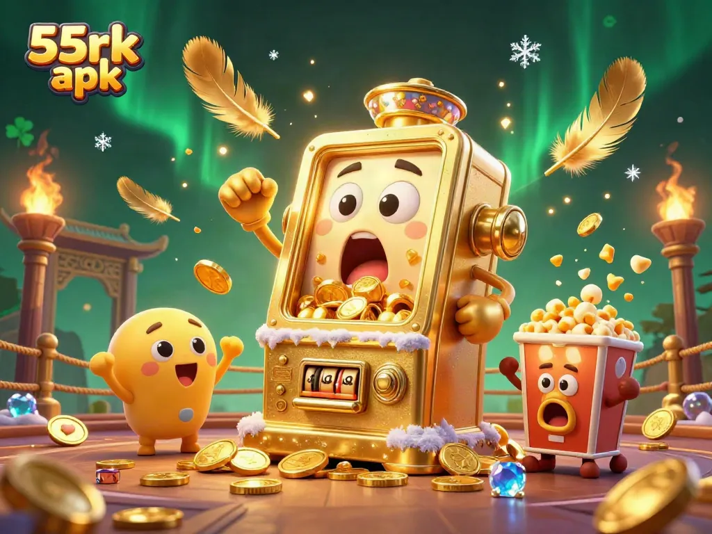 Experience the excitement of 55rk apk with a cartoon golden slot machine celebrating a jackpot as coins rain down.