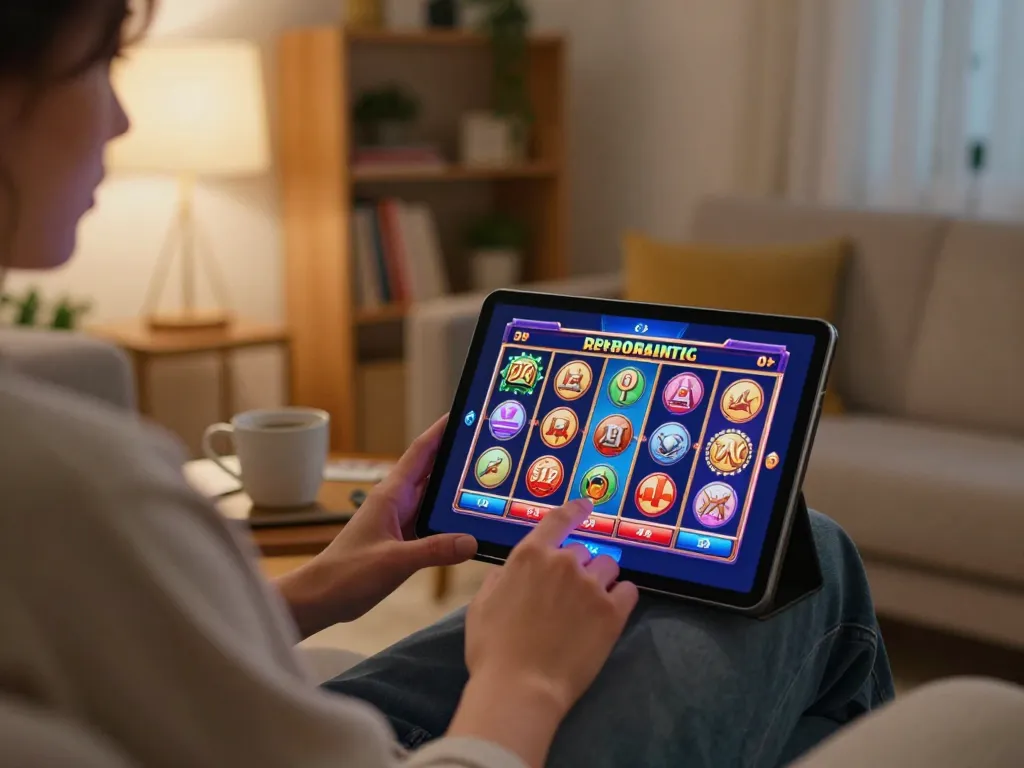 Player exploring casino app on tablet at home while managing bankroll at scap