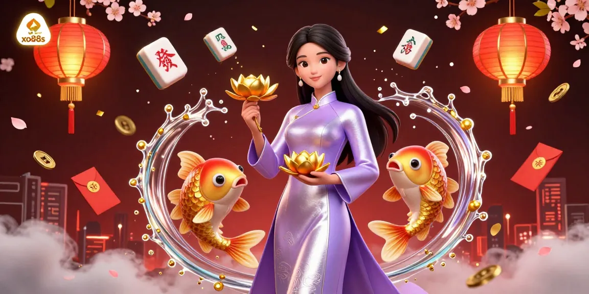 Engage with exciting gameplay at xo88s amidst vivid 3D scenes featuring colorful koi fish and mahjong.