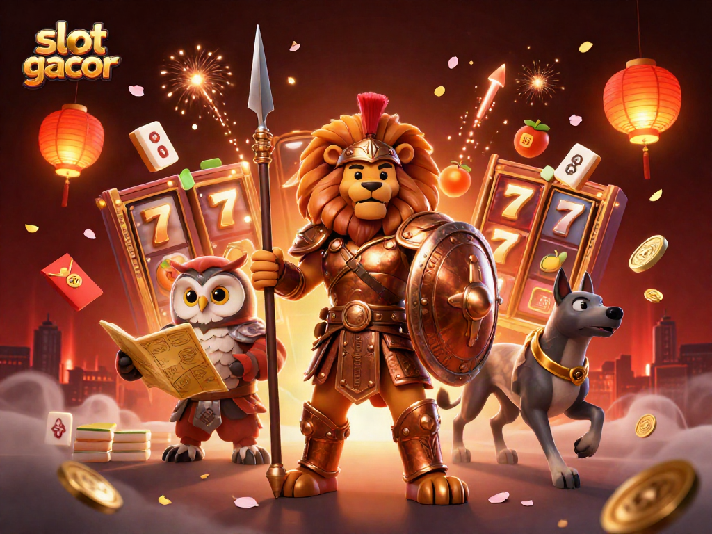 Engaging scene with slot gacor featuring a lion, owl, and greyhound surrounded by dynamic casino elements.