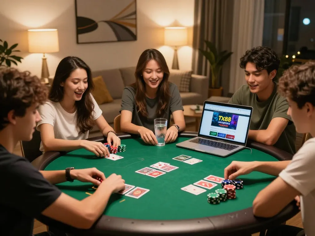 Friends enjoying a poker night at home, playing on Website Tx88 with premium chips and cards