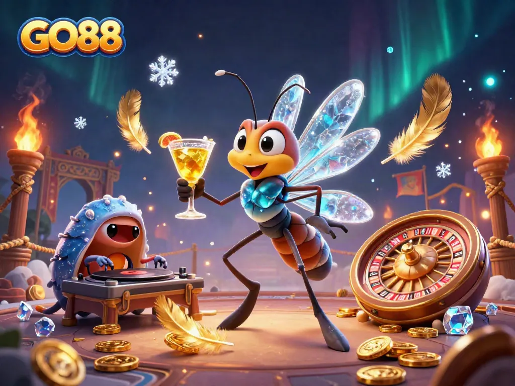 Engage with GO88's vibrant casino world through a lively scene featuring a frozen mosquito mascot and fossil-themed DJ.