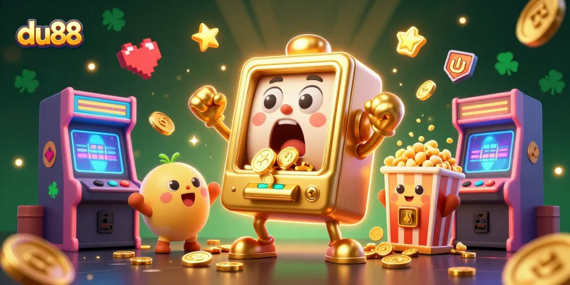 du88 slot machine hits a jackpot, surrounded by cheering machines and golden coins.