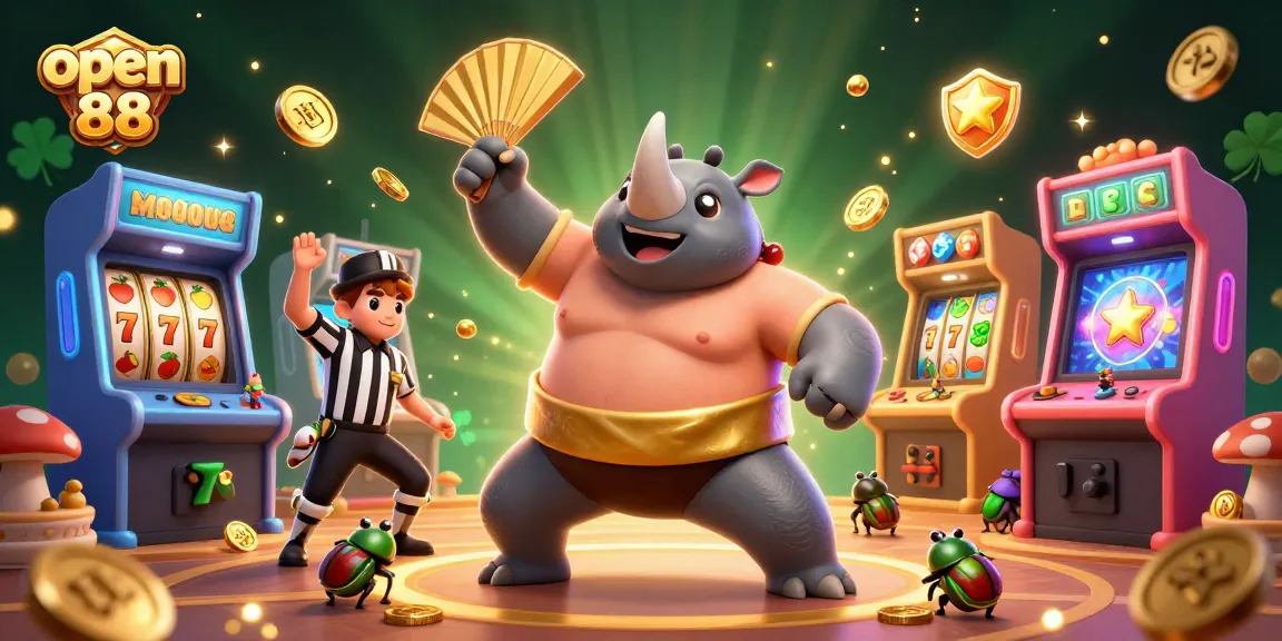 Bet on open 88 as a rhinoceros beetle sumo champion smashes the jackpot with golden coins flying everywhere.