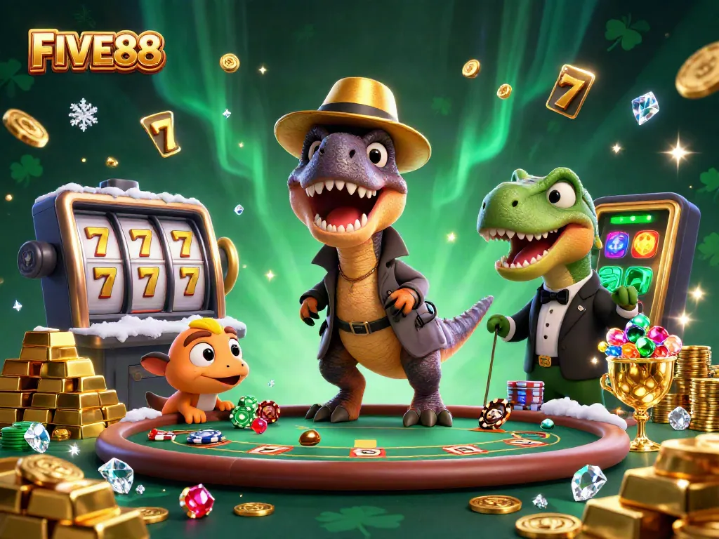 Experience the thrill of FIVE88 with a velociraptor at blackjack, rich in colorful casino elements.