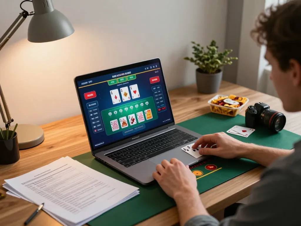 Engaged player at nhà cái nk88 online casino, navigating live dealer blackjack with strategic notes.