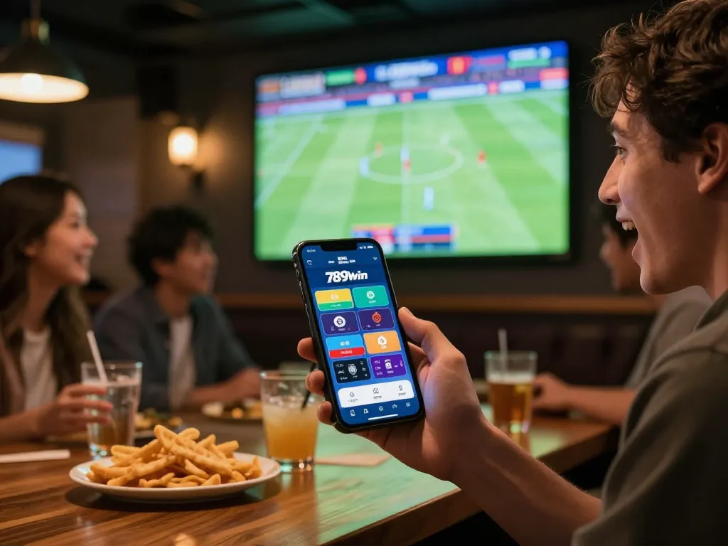 Engaged user betting on thể thao 789win while enjoying a live football match in a vibrant sports bar atmosphere.