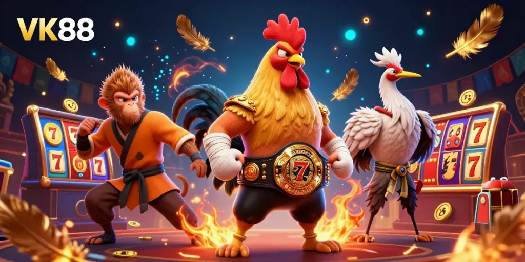 Experience the excitement of VK88 with vibrant characters and slot game elements in a thrilling casino scene.