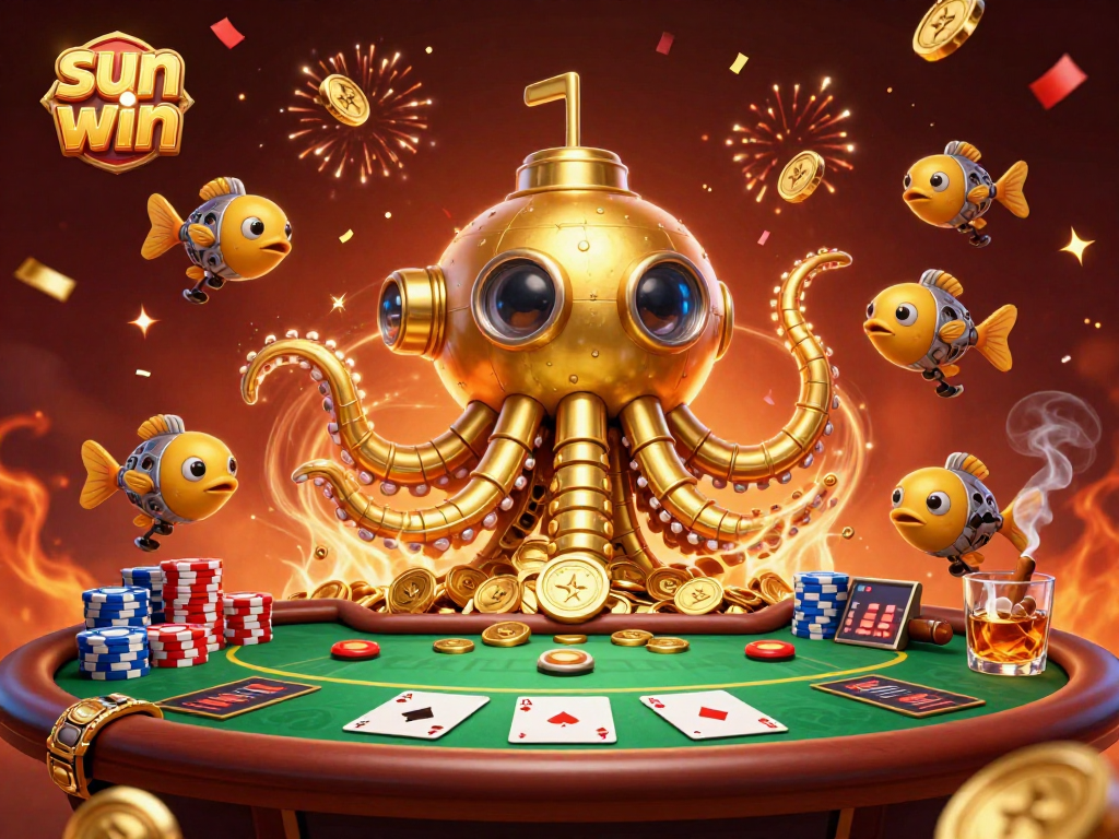 Win big with sun win in a vibrant casino scene showcasing poker excitement and golden treasures.