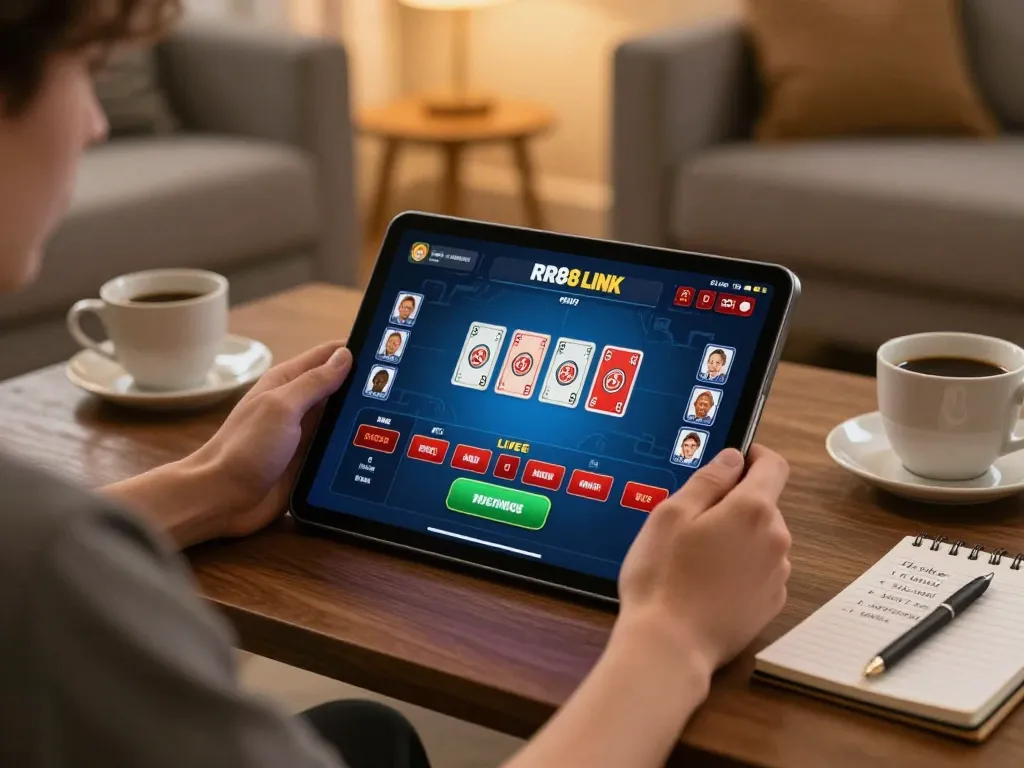 Engaging moment using the RR88 LINK for online gaming on a tablet with a warm ambiance.
