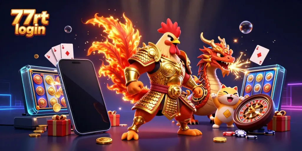Engage in thrilling action with 77rt login featuring a warrior rooster, a dragon hatchling, and casino elements.