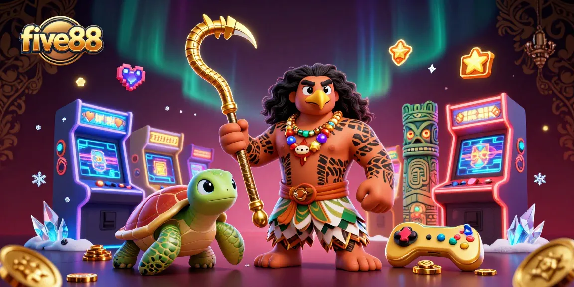 Experience five88's vibrant gambling world with this cartoon scene featuring interactive game elements.