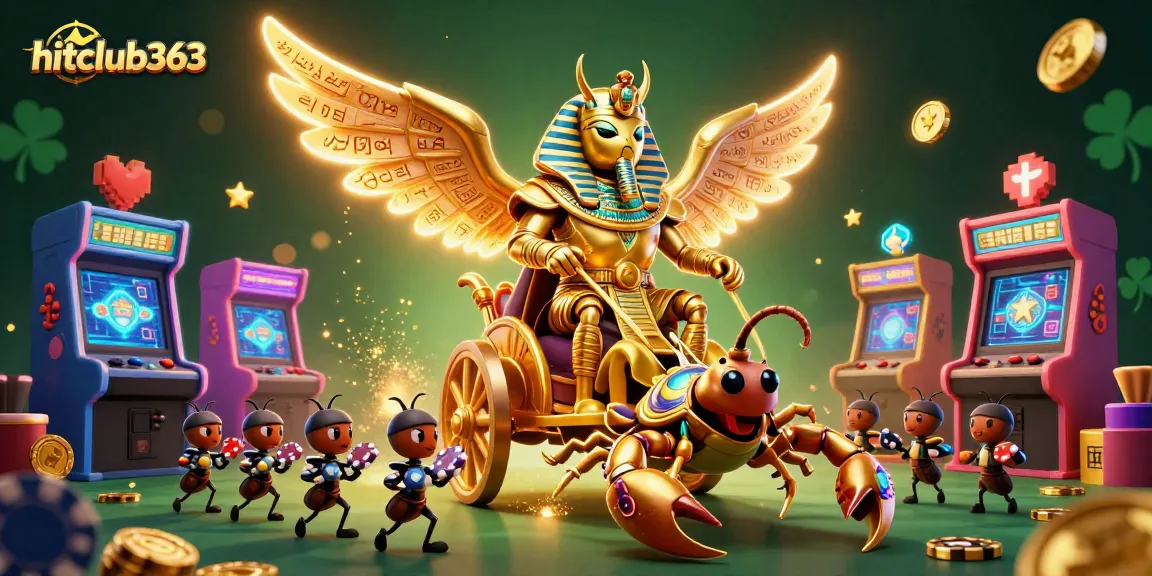 Play exciting games with hitclub363 in a vibrant casino scene featuring golden scarab and glowing machines.