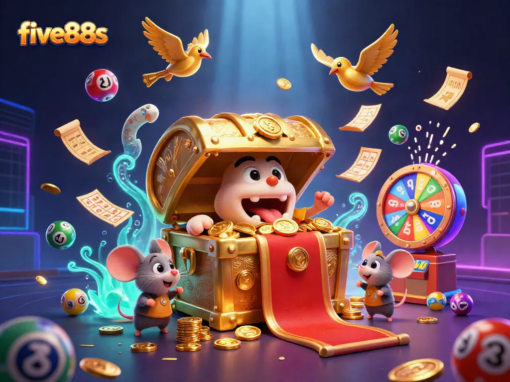 Engage with five88s colorful lottery balls and dynamic prizes in this vibrant casino scene.