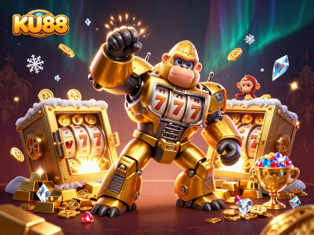 Engage with the KU88 golden gorilla mech amidst slot machine riches, vibrant casino atmosphere.