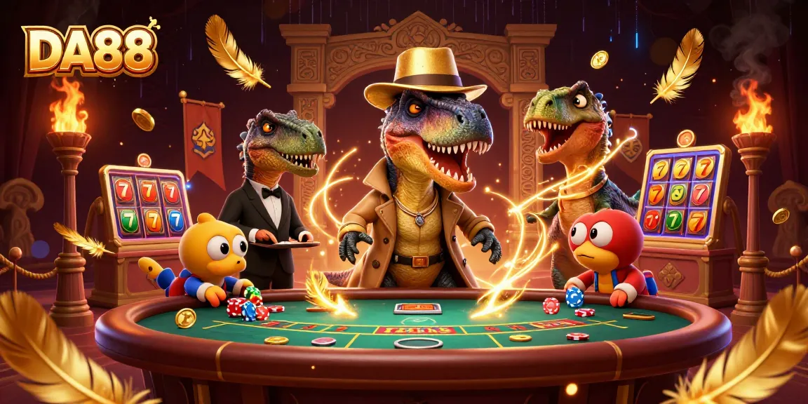 Experience thrilling DA88 casino action with a velociraptor card counter, as a stegosaurus pit boss keeps watch.