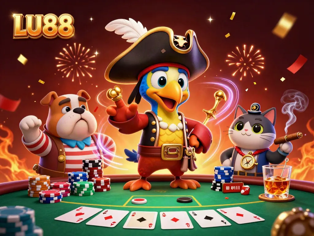 Gamblers engage with LU88 at a vibrant casino scene filled with poker action and festive atmosphere.
