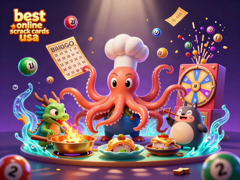 Experience the best online scratch cards USA with a vibrant 3D scene featuring lottery elements and playful characters.