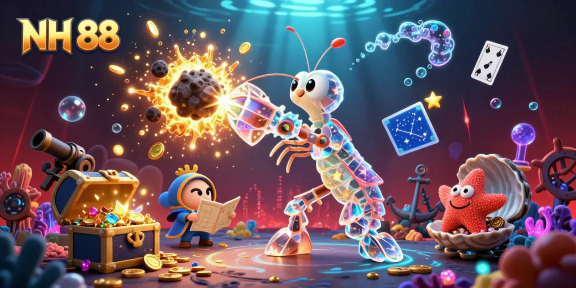 Experience the excitement of NH 88 casino with a galactic samurai mantis shrimp amidst golden gems and treasure.