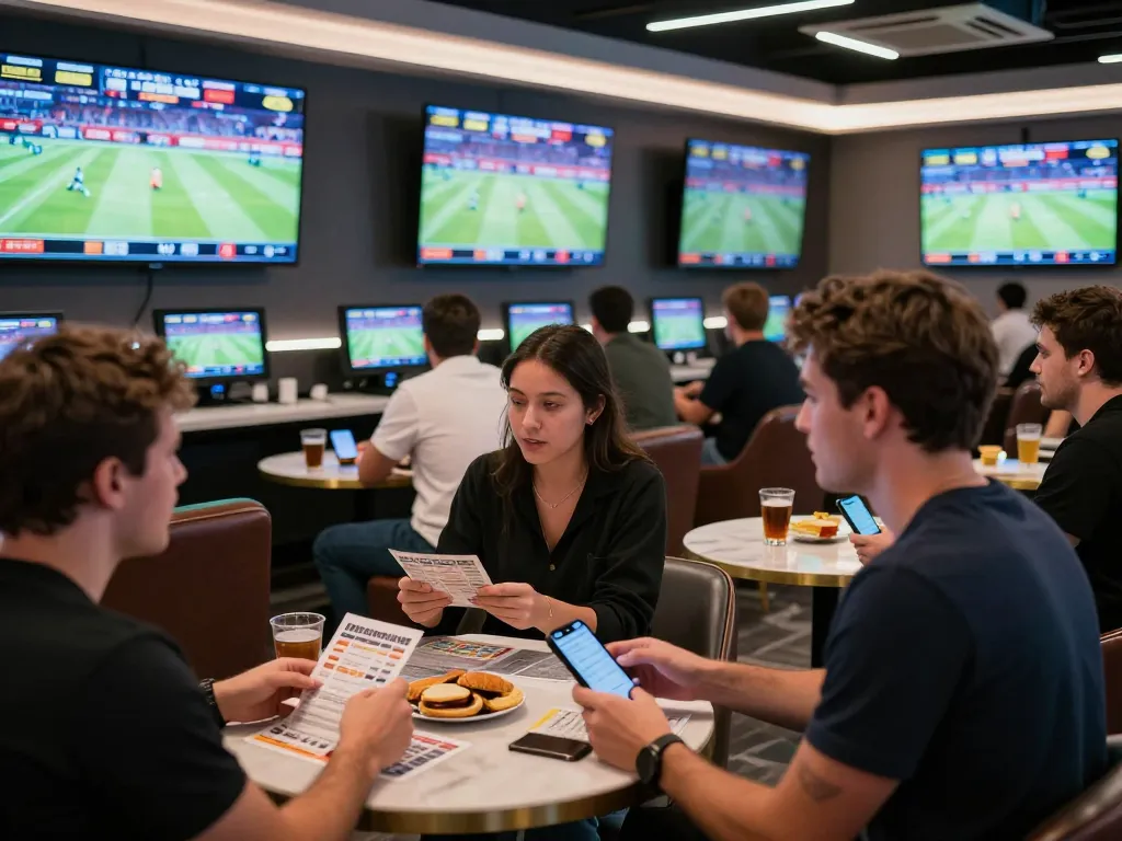Engaged bettors assess odds on Co88us mobile app in lively sports betting lounge